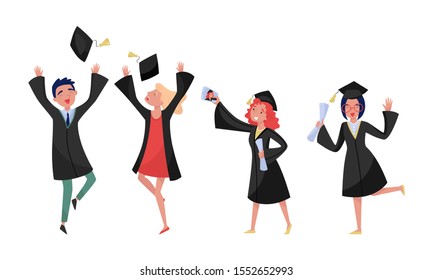 Students With Diplomas Enjoying Graduation Vector Illustration Set Isolated On White Background