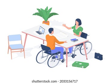 Students with disabilities discussing exam. Guy with woman in wheelchairs debating education. Laptop on table and books with drawings. Online help for handicapped people. Vector realistic isometry