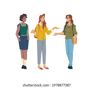 Students discuss problems in education and studying isolated flat cartoon characters. Vector talking females standing in line, high school girls in casual cloth, group or team discussion, conversation
