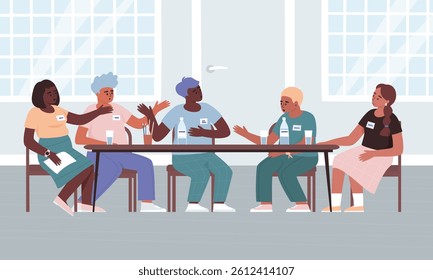 Students discussing their work together. Brainstorming at a common table in a classroom. Preparing for an event. Flat vector illustration.