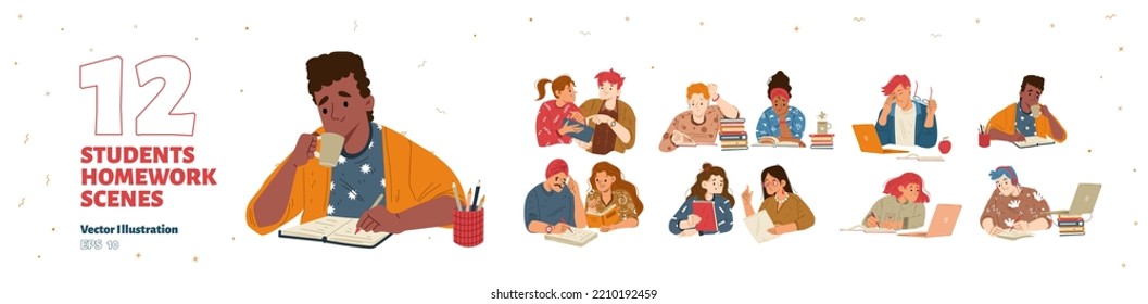 Students do homework, read books, use laptop, drink coffee and write. Scenes of diverse young people learning and study together, vector hand drawn illustration