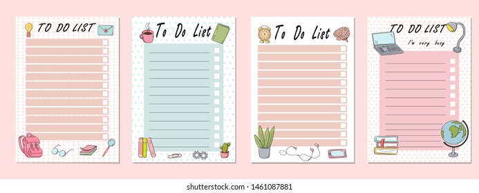 Students to do list. A set of planners. Back to school or college hand drawn elements. Cute cartoon template.