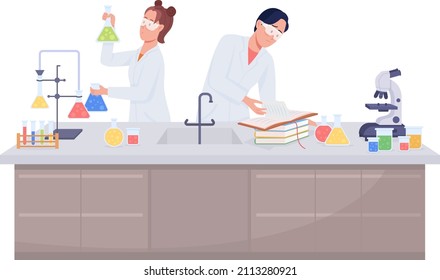Students doing chemical experiment semi flat color vector characters. Posing figures. Full body people on white. Lab isolated modern cartoon style illustration for graphic design and animation