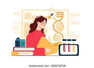 Studenten, die DNA Forschung und Experiment Illustration Konzept. Flache Illustration einzeln auf weißem Hintergrund.
