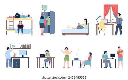 Students in dormitory. College or university student lives with neighbors. Young adults in furnished rooms, hostel or camp, recent vector scenes