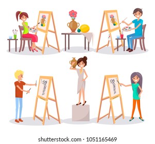 Students draw and paint cartoon isolated vector illustration on white. Boys and girl work on their paintings and drawings supported by easels