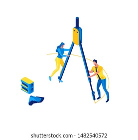 Students drawing circle with compass, stationery creative concept, pencil sharpener, isometric learning people, 3d student isolated, learn lesson, school, blue, yellow, modern creative character