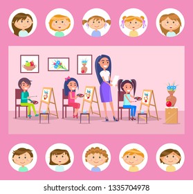 Students drawing on canvas vector, lessons at school. Art classes, pupils with pallets of gouache looking at vase with flowers and fruit, teacher with task