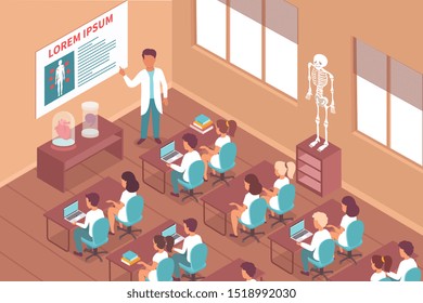 Students education in college isometric background with teacher conducting lesson in classroom vector illustration