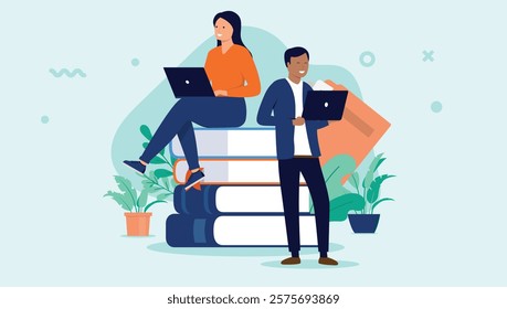 Students and education - Diverse man and woman studying and doing school work with computers and books while smiling. Flat design vector illustration