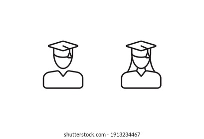 Students, education icon, graduated girl and boy in bachelor hat simple thin line icon vector illustration