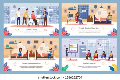 Students Education Routine Trendy Flat Vector Banner, Poster Template Set. Multiracial Students Characters Visiting College Lectures, Preparing for Exams in Library, Resting in Dormitory Illustration