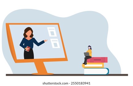 Students e-learning by listening to lecturer on laptop. Webinar, online video training, online classes concept with character. Remote teaching, conference technology.  modern flat vector illustration.