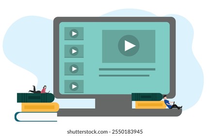 Students e-learning by listening to lecturer on laptop. Webinar, online video training, online classes concept with character. Remote teaching, conference technology.  modern flat vector illustration.