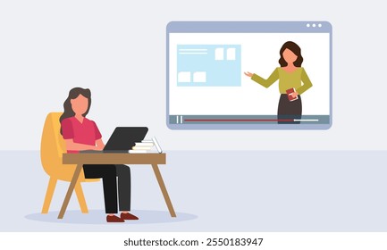 Students e-learning by listening to lecturer on laptop. Webinar, online video training, online classes concept with character. Remote teaching, conference technology.  modern flat vector illustration.
