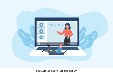 Students e-learning by listening to lecturer on laptop. Webinar, online video training, online classes concept with character. Remote teaching, conference technology. modern flat vector illustration