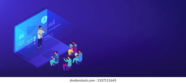 Students e-learning by webinar training and listening to businessman with charts on laptop. Webinar, online video training, tutorial podcast concept. Isometric 3D banner header template copy space.