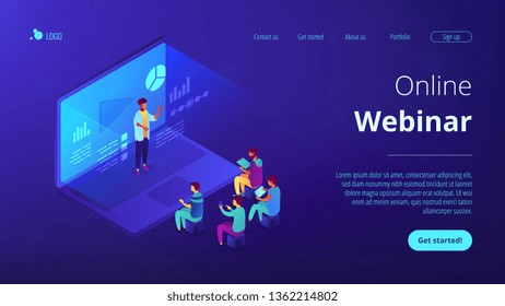 Students e-learning by webinar training and listening to businessman with charts on laptop. Webinar, online video training, tutorial podcast concept. Isometric 3D website app landing web page template