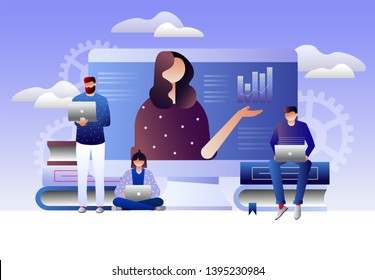 Students e-learning by webinar training and listening to businesswoman with charts on laptop. Webinar, online video training, tutorial podcast concept. Isometric 3D vector illustration