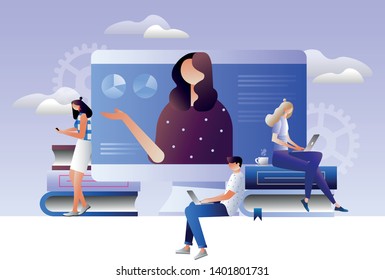 Students e-learning by webinar training and listening to businesswoman with charts on laptop. Webinar, online video training, tutorial podcast concept. Isometric 3D illustration