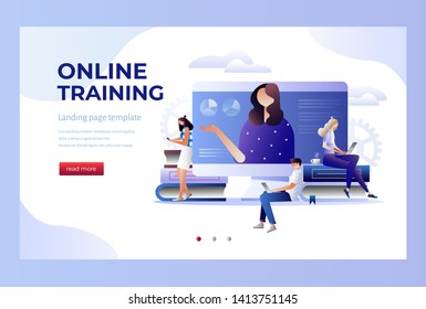Students e-learning by webinar training and listening to businesswoman with charts on laptop. Webinar, online video training, tutorial podcast concept. Isometric 3D vector illustration