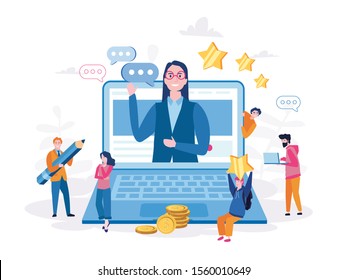 Students e-learning by webinar training, internet conference, web based seminar, online video tutorial podcast. Vector illustration for web banner, infographics, mobile, education in internet. 