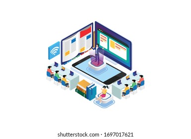 Students e-learning by webinar training and listening to businessman with Hologram. Webinar, online video training, Suitable for Diagrams, Infographics, Game Asset, And Other Graphic Related Asset