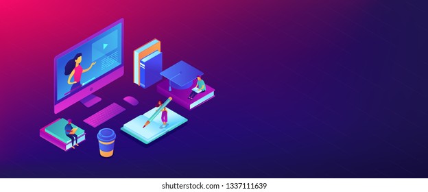 Students e-learning at huge computer with teacher online. E-learning industry, online digital education, e-certification exam concept. Isometric 3D banner header template copy space.