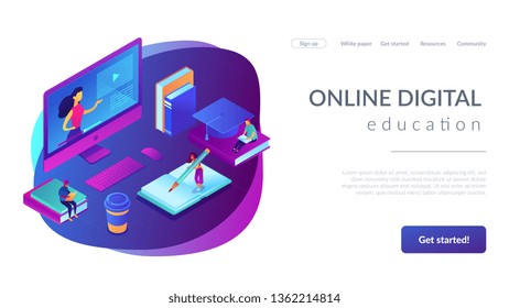 Students e-learning at huge computer with teacher online. E-learning industry, online digital education, e-certification exam concept. Isometric 3D website app landing web page template