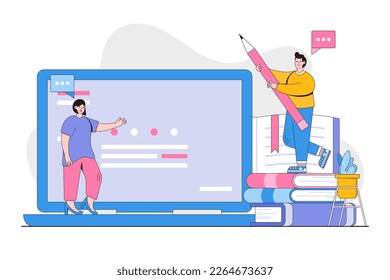 Students e-learning, webinar, online video training, tutorial podcast concept. Outline design style minimal vector illustration for landing page, web banner, infographics, hero images.
