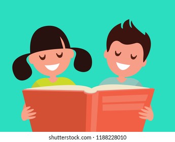 Students Elementary school. Schoolboy and Schoolgirl are reading a book together.