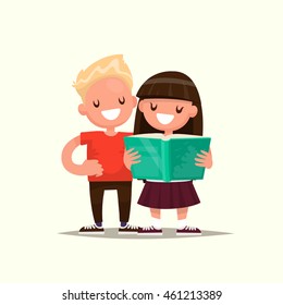 Students Elementary school. Schoolboy and Schoolgirl are reading a book together. Vector illustration of a flat design