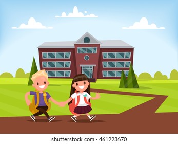 Students Elementary school . Schoolboy and schoolgirl go together hand in hand to school. Vector illustration of a flat design