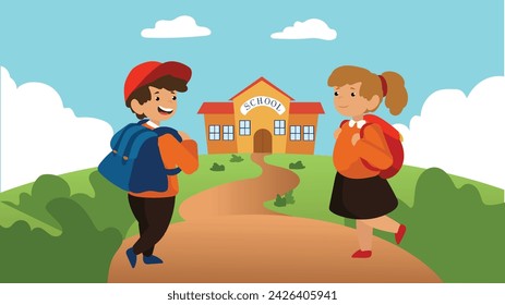 Students Embark on a Colorful Journey to School. Two school kids with their backpacks walking toward a charming school. Back to School. 