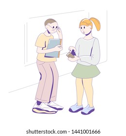 Students or employees discuss documents and ideas in the office or school. Hand drawn style vector design illustrations. A woman and a man are having a business conversation while looking at papers