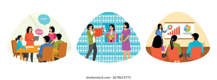 Los estudiantes participan en discusiones en el aula. Estudiantes leyendo libros y estudiando en Biblioteca. El profesor muestra diagramas y gráficos mientras los estudiantes escuchan. La vida de los estudiantes en el concepto universitario.