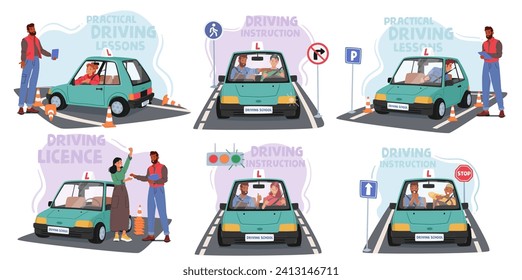 Die Schüler üben ihre Fahrpraxis in der Schule aus und beherrschen grundlegende Fertigkeiten wie Parken und Manövrieren. Instruktoren führen Lernende durch Straßenregeln, fördern sichere und zuverlässige Fahrer, Vektorgrafik-Set