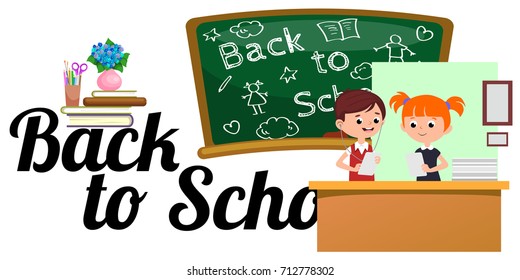 students engaged in classoom, boy and girl at table near blackboard holding papers in their hands and doing homework, listening to the tasks in the headphones