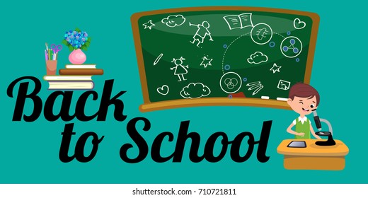 students are engaged in classoom, boy is looking through a microscope at a chemistry or biology lesson, school research of bacteria and microelements