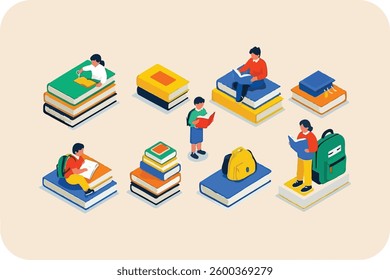 Students Engaged in Learning, Sitting on Stacks of Books with Backpacks, Emphasizing Education and Knowledge