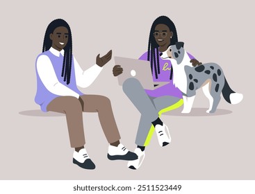 Students engaging in lively conversation while seated with a friendly dog, enjoying a relaxed afternoon in a cozy study space