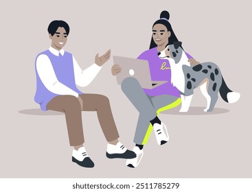 Students engaging in lively conversation while seated with a friendly dog, enjoying a relaxed afternoon in a cozy study space