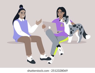 Students engaging in lively conversation while seated with a friendly dog, enjoying a relaxed afternoon in a cozy study space