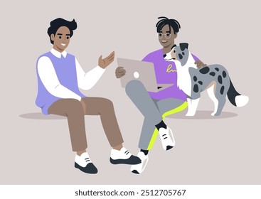 Students engaging in lively conversation while seated with a friendly dog, enjoying a relaxed afternoon in a cozy study space