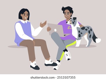 Students engaging in lively conversation while seated with a friendly dog, enjoying a relaxed afternoon in a cozy study space