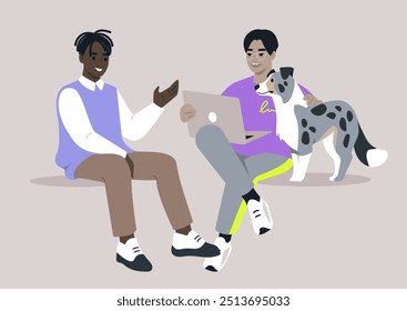 Students engaging in lively conversation while seated with a friendly dog, enjoying a relaxed afternoon in a cozy study space