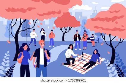 Students enjoying leisure time in campus. Young people walking among trees with pink blossoms flat vector illustration. Spring, leisure, sakura concept for banner, website design or landing web page