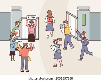 Students are entering the entrance to take the entrance exam, and people are cheering. flat design style vector illustration. 