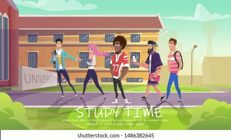 Students Entering University Building Flat Cartoon Vector Illustration. Study Time Concept. Diverse Happy Peolpe Going to Learn. Boys and Girl Holding Rucksacks, Books and Mobile Phone.