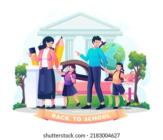 Students are escorted by their parents to school. Parents take their children to school. Back to school concept design. Vector illustration in flat style